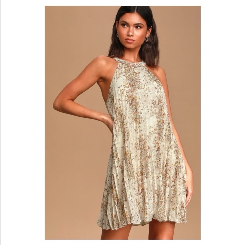 Lulus Floral Print Pleated Halter Mini Swing Dress